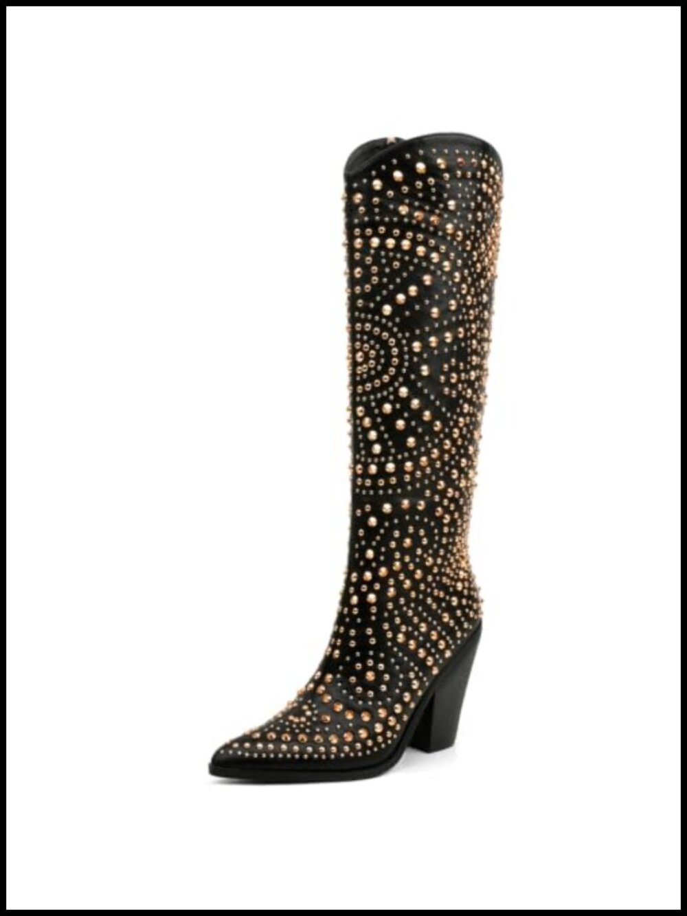 Studded Knee High Cowboy Boots Pointed Toe Chunky Heel Faux Leather